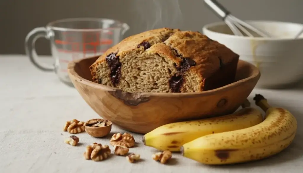 A freshly baked loaf of banana bread resting in a rustic, handcrafted wooden bowl, surrounded by the key ingredients used in its preparation. In the foreground, ripe, speckled bananas and scattered walnuts create a homely atmosphere. The middle ground features the loaf slightly sliced to show its moist, fluffy interior, revealing hints of chocolate chips and hints of cinnamon. Soft, natural light streams in from a nearby window, casting gentle shadows that enhance the texture of the bread. In the background, a blurred baking setup with measuring cups, a mixing bowl, and a whisk create an inviting kitchen ambiance. The overall mood is warm and cozy, ideal for a family gathering or a casual baking session.
