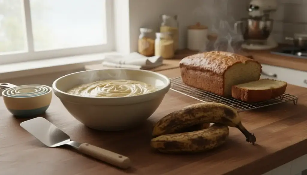 A cozy kitchen scene featuring a clean, rustic wooden countertop with a large bowl containing the ingredients for banana bread: mashed ripe bananas, flour, sugar, eggs, and baking soda, all mixed together in one bowl. In the foreground, a few overripe bananas are artistically placed, alongside utensils like a spatula and measuring cups. In the middle, a loaf of freshly baked banana bread, golden brown and sliced, is displayed on a cooling rack. The background shows a warm, inviting kitchen setting, with soft, natural lighting filtering through a window, highlighting the atmosphere of comfort and home baking. The mood is cheerful and inviting, suggesting a clear and uncomplicated approach to storing and preserving banana bread.