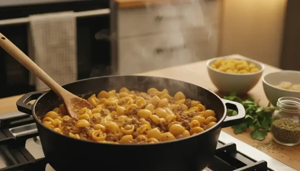 A warm kitchen scene featuring a pot of creamy beef and shells being reheated on a stove. The foreground shows a close-up of the pot, steam rising gently from the deliciously cheesy pasta dish, highlighting the creamy texture and rich sauce clinging to the shells. In the middle, a wooden spoon rests beside the pot, ready for serving. The background is softly blurred, revealing a cozy kitchen with warm lighting, adding to a comforting atmosphere. The counter is adorned with a few ingredients—loose shells and a sprinkle of herbs for garnish, evoking a sense of homely cooking. The overall mood is inviting and nostalgic, conveying the joy of preparing and enjoying leftover comfort food.
