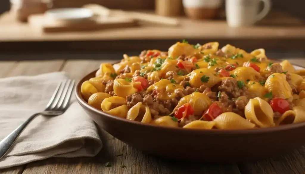 A delicious bowl of cheesy beef and shell pasta, with perfectly cooked pasta shells enveloping a rich, creamy beef sauce. In the foreground, focus on the vibrant colors of the dish: glistening yellow cheese, tender ground beef mixed with diced tomatoes, and green parsley sprinkled on top for freshness. The middle ground showcases a rustic wooden table adorned with a light linen napkin and a fork beside the bowl, emphasizing a homemade feel. In the background, a softly lit kitchen countertop is slightly blurred, creating a cozy atmosphere. The lighting is warm and inviting, capturing the essence of comfort food. The composition is shot from a slightly elevated angle, providing a clear view of the dish's texture and colors, evoking a sense of warmth and satisfaction.
