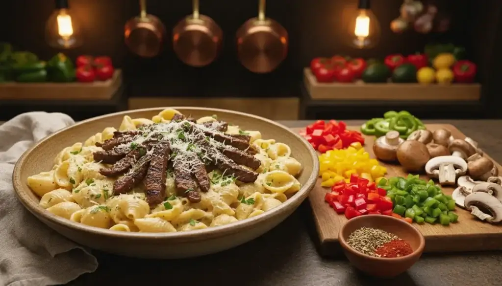 A vibrant kitchen scene showcasing a delicious bowl of creamy beef and shells pasta, filled with plump, tender shells coated in a rich, creamy sauce. In the foreground, grilled beef strips rest atop the pasta, garnished with fresh parsley and a sprinkle of grated parmesan cheese. In the middle, a wooden cutting board displays various customization ingredients: diced bell peppers, mushrooms, and a small bowl of spices, reflecting a variety of possible additions. The background features warm, ambient kitchen lighting, with hanging pots and colorful vegetables populating the shelves. The mood is inviting and appetizing, encouraging viewers to explore their creative culinary options. The angle is slightly overhead, capturing both the bowl and the array of customization elements.