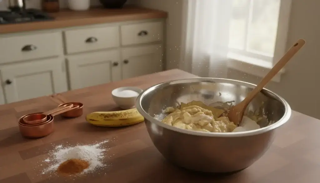 A cozy kitchen scene focused on the process of mixing banana bread in a large mixing bowl. In the foreground, a silver bowl filled with mashed ripe bananas, flour, and eggs shows the step-by-step process. A wooden spoon rests inside the bowl, partially submerged in the mixture. To the left, a few scattered ingredients like baking powder and cinnamon add texture. The middle ground features a stylish countertop with measuring cups and a ripe banana, highlighting the key ingredients. Soft, warm lighting illuminates the scene, creating a welcoming atmosphere. The background features light-colored cabinets and a window with soft natural light streaming in, enhancing the homely feel. The angle is slightly overhead, providing a clear view of the mixing process while evoking a sense of warmth and simplicity.