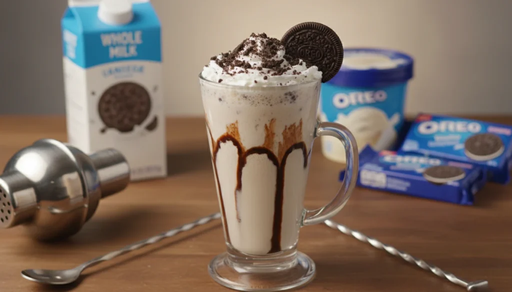 A visually appealing Oreo drink, featuring a creamy, thick texture with swirls of dark chocolate and crushed Oreo cookies on top, artfully presented in a tall glass. In the foreground, include a silver cocktail shaker and a set of mixing spoons, emphasizing the professional equipment necessary for making the smoothie. In the middle, place the drink garnished with a whipped cream topping and a whole Oreo cookie on the rim of the glass. The background should have a blurred kitchen countertop with ingredients like milk, ice cream, and additional Oreos, bathed in warm, soft lighting that creates a cozy, inviting atmosphere. The shot should be taken from a slightly elevated angle, focusing on the drink, with a depth of field that adds a touch of elegance to the scene.