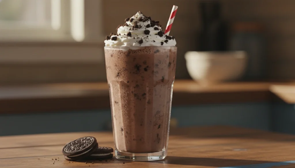 A deliciously creamy Oreo milkshake in a tall glass, adorned with whipped cream on top and a generous sprinkle of crushed Oreo cookies. The foreground features a close-up view, highlighting the rich, dark chocolate color of the shake, with droplets of condensation on the glass, giving it a refreshing look. In the middle, a few whole Oreo cookies sit beside the glass, adding texture and detail, while a striped straw peeks out from the whipped cream. In the background, a soft-focus kitchen countertop, subtly illuminated by warm, natural light that hints at a cozy, inviting atmosphere. The overall mood is indulgent and comforting, perfect for a treat, with a vibrant color palette that emphasizes the delightful sweetness of the dessert.