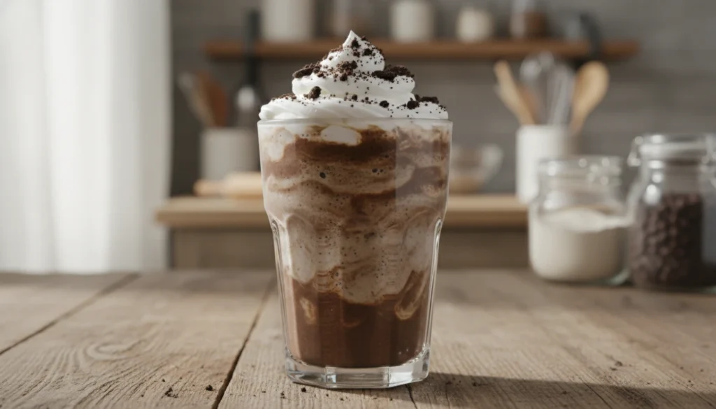 A tantalizing creamy Oreo smoothie sits elegantly in a clear glass, topped with a generous dollop of whipped cream and scattered Oreo cookie crumbs. In the foreground, a beautifully styled wooden table holds the smoothie, showcasing its rich, dark color with hints of beige swirling through. In the middle ground, soft natural light streams through a nearby window, illuminating the smoothie and creating gentle highlights on the glass. The background features a blurred kitchen setting with subtle hints of baking tools and ingredients, enhancing the atmosphere of a cozy culinary space. The overall mood is inviting and mouth-watering, perfect for showcasing the indulgence of a delicious Oreo treat. Capture this scene from a slightly elevated angle, emphasizing the smoothie and its toppings as the star of the image.