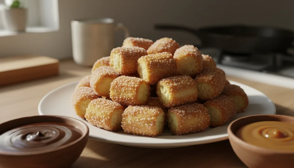 A close-up view of golden-brown churro bites arranged artfully on a white plate, dusted with a generous sprinkle of cinnamon sugar. The churro bites should appear fluffy and tender, with a crispy exterior, showcasing their delicious texture. In the background, a warm kitchen setting with a soft focus adds an inviting and cozy atmosphere. Natural light streams in from a nearby window, casting gentle shadows that highlight the churro bites. In the foreground, small bowls of chocolate and caramel dipping sauces are placed beside the churro bites, enhancing the image's appeal. The overall mood is warm and inviting, evoking the comfort of homemade treats.