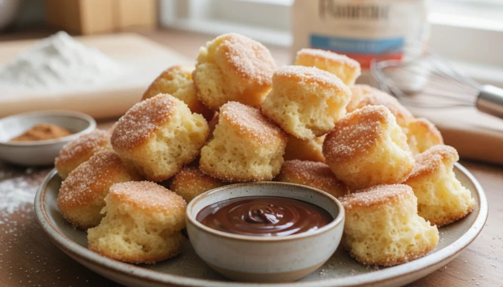 A close-up image of a plate filled with fluffy air fryer churro bites, perfectly golden brown and dusted with cinnamon sugar. The churro bites are arranged artistically, showcasing their soft, airy texture, with a light sheen from a subtle glaze. In the foreground, a small bowl of melted chocolate or caramel sauce sits ready for dipping. The background features a softly blurred kitchen setting, warm and inviting, with hints of baking utensils and ingredients like flour and cinnamon subtly hinted at. The lighting is bright and natural, highlighting the churro bites' deliciousness while creating a cozy atmosphere, evoking a sense of homemade comfort food. The angle is slightly tilted for an engaging perspective, enhancing the visual appeal.