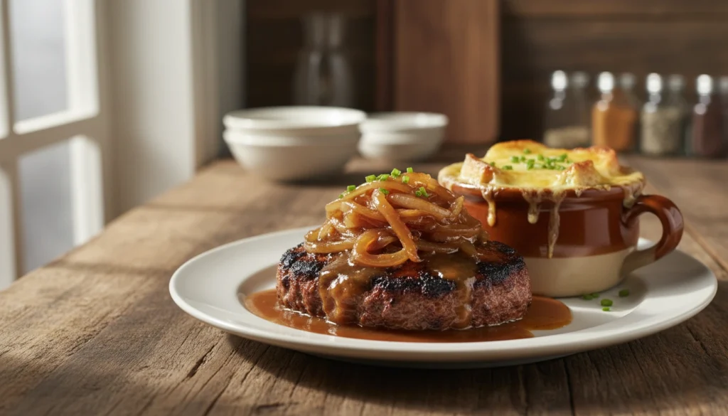A beautifully plated hamburger steak, expertly seared to perfection with a rich brown crust, sits prominently in the foreground. The steak is generously topped with caramelized onions and a drizzling of savory gravy, making it look irresistible. Beside it, a bowl of steaming French onion soup, topped with golden, bubbly cheese and garnished with fresh herbs, adds warmth to the scene. The middle ground features a rustic wooden table, enhancing the home-cooked feel, while soft, natural lighting pours in from a nearby window, casting gentle shadows and highlighting the textures of the food. In the background, a blurred kitchen setting hints at a cozy cooking environment, conveying an inviting and comforting atmosphere. The image captures the essence of delicious comfort food, perfect for enticing readers.