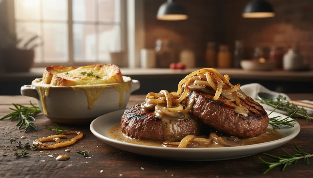 A beautifully arranged plate of homemade Salisbury steak, featuring two juicy, well-seasoned patties topped with rich, caramelized French onions and a creamy gravy. Accompanying the steak is a steaming bowl of classic French onion soup, adorned with toasted baguette slices and melted cheese bubbling on top. The foreground showcases the savory dish on a rustic wooden table, with herbs scattered around for a touch of freshness. In the background, soft, warm lighting creates an inviting atmosphere, highlighting the textures of the meal. A shallow depth of field focuses clearly on the steak and soup, while a blurred kitchen setting adds warmth and homeliness to the image, evoking a sense of comfort and deliciousness.