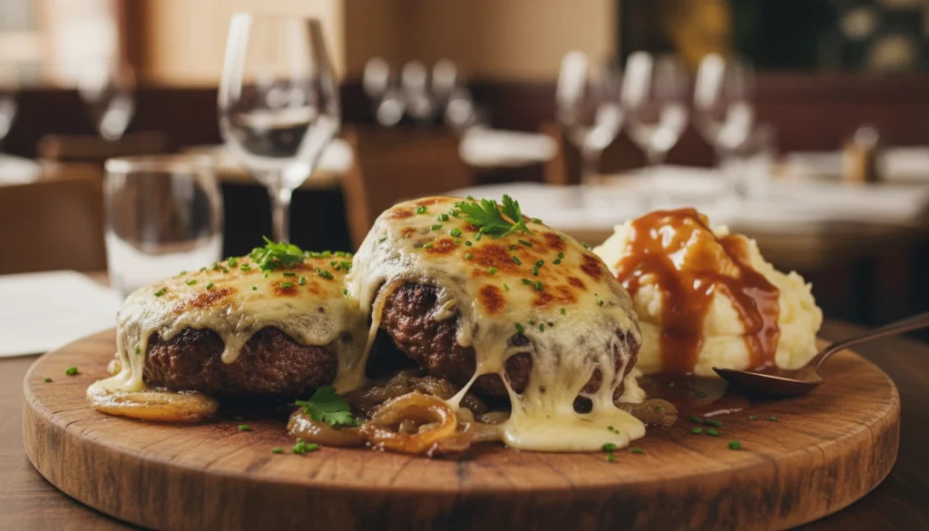 A beautifully plated French Onion Salisbury Steak featuring tender beef patties topped with caramelized onions and a rich, gooey layer of melted Gruyère cheese. In the foreground, display the steak on a rustic wooden platter garnished with fresh herbs. A side of creamy mashed potatoes with a drizzle of brown gravy complements the dish. In the background, a softly blurred bistro setting with warm lighting creates an inviting atmosphere, with blurred wine glasses and subtle table decor. The scene should evoke a cozy, hearty meal, and the focus should be on the delicious, savory details of the steak, highlighting its textures and colors. Use soft, diffused lighting to enhance the warm, appetizing mood. Shot with a shallow depth of field to draw attention to the food.